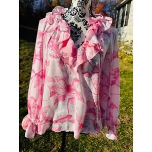 Pink & white flowered Long-sleeve chiffon-style blouse LARGE Lightweight (114)